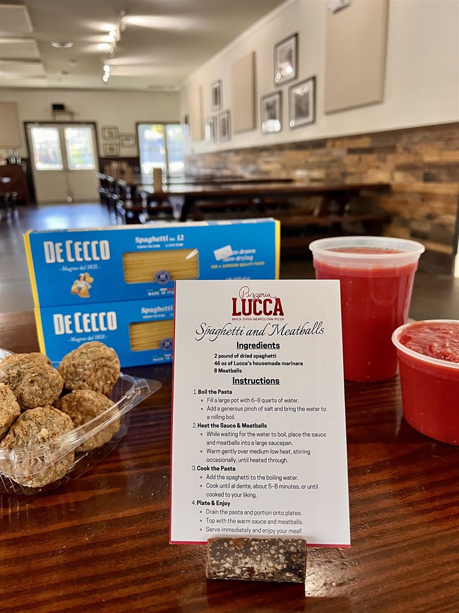Take-home meatball kit with DeCecco spaghetti, meatballs and house sauce